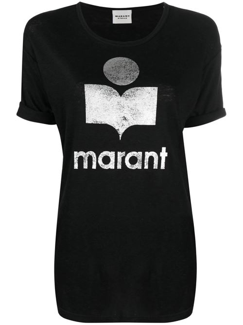 black linen logo print t-shirt MARANT ETOILE | TS0004FAA1N10E01BK